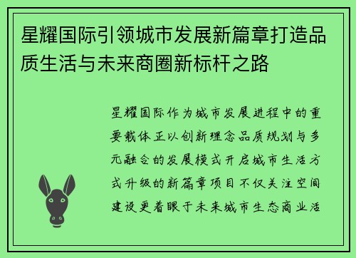 星耀国际引领城市发展新篇章打造品质生活与未来商圈新标杆之路